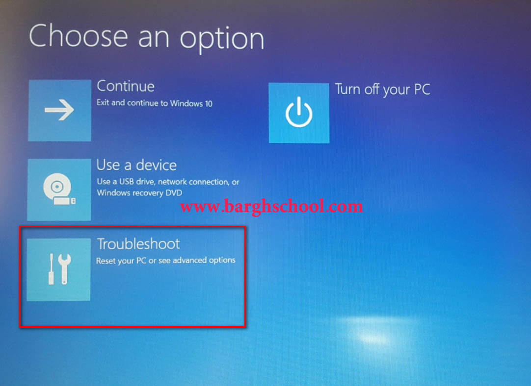 انتخاب گزینه Troubleshoot در نصب ایپلن