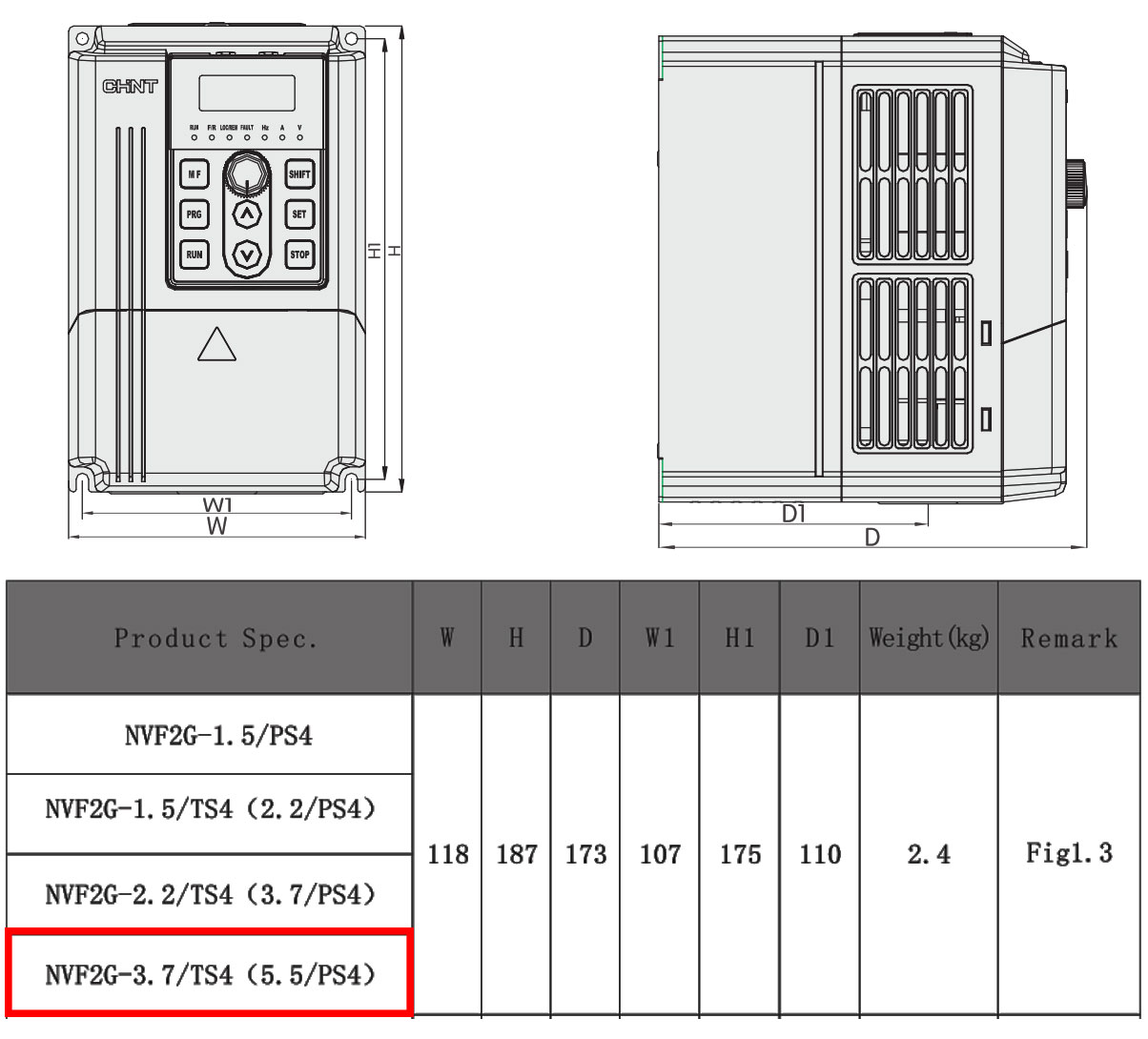 ابعاد درایو سه فاز 3.3 کیلووات CHINT مدل NVF2G-3.3/TS4