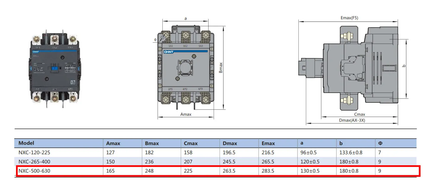 ابعاد کنتاکتور 500 تا 630 آمپر 220 ولت NXC چینت Kunlun