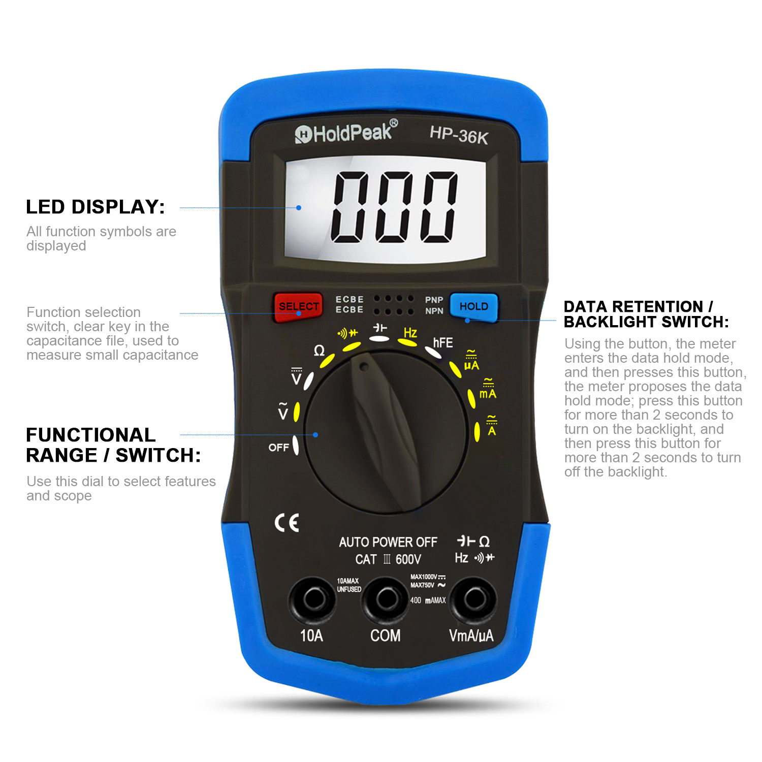 بخش‌های مختلف مولتی‌متر Auto Range مدل HP-36K برند HOLDPEAK