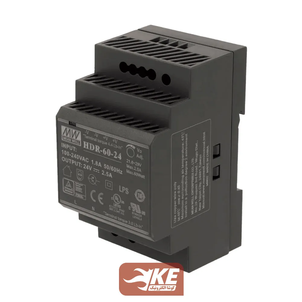 منبع تغذیه ریلی 12 ولت 4.5 آمپر MeanWell مدل HDR-60-12