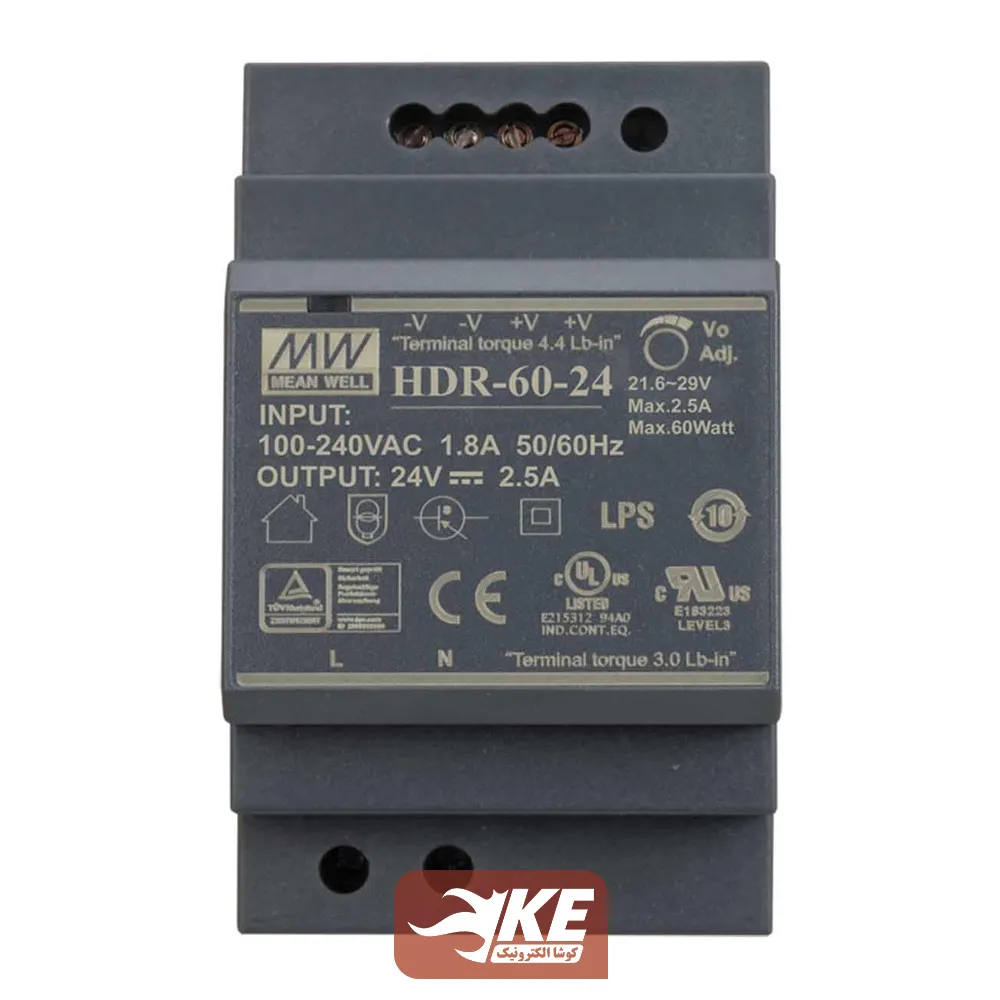منبع تغذیه ریلی 24 ولت 2.5 آمپر MeanWell مدل HDR-60-24