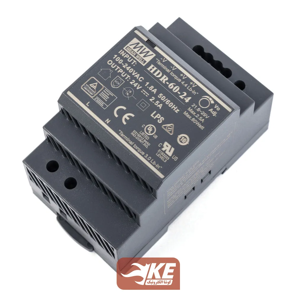 منبع تغذیه ریلی 24 ولت 2.5 آمپر MeanWell مدل HDR-60-24