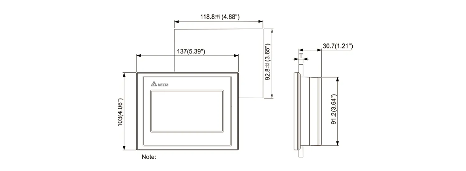 ابعاد نمایشگر HMI ساده 4.3 اینچ دلتا مدل DOP103BQ