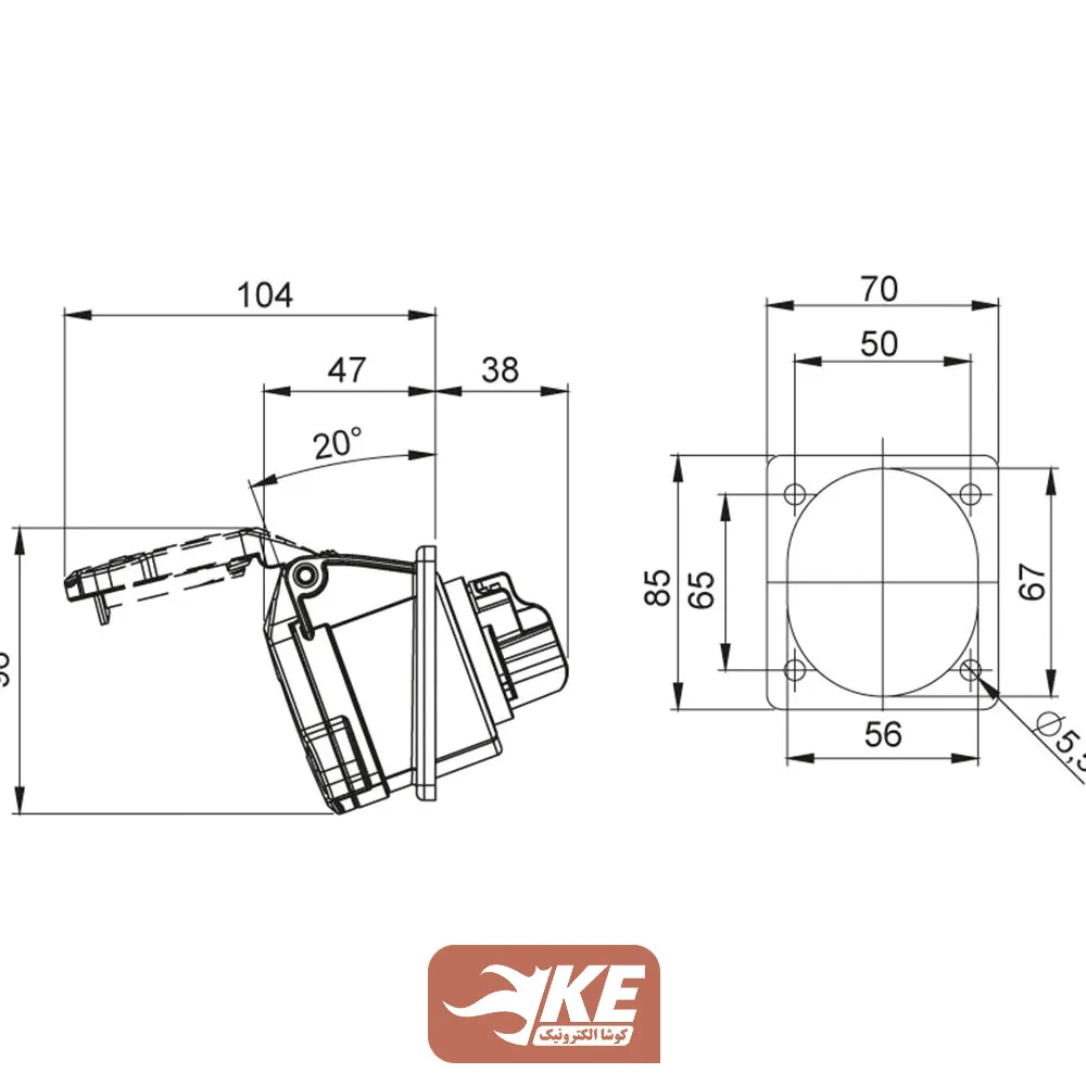 سوکت صنعتی 4 شاخه 16 آمپر مادگی تابلویی زاویهدار METE مدل 406505v