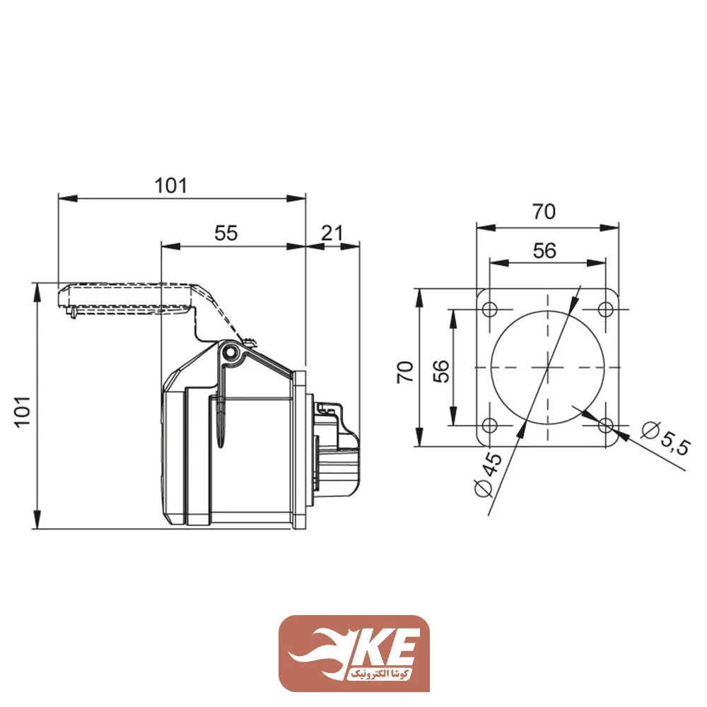 سوکت صنعتی 4 شاخه 16 آمپر مادگی تابلویی METE مدل 406506v