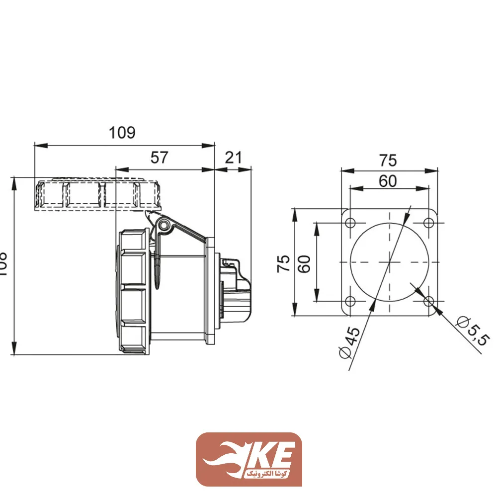 سوکت صنعتی 4 شاخه 16 آمپر مادگی تابلویی METE مدل 406508v