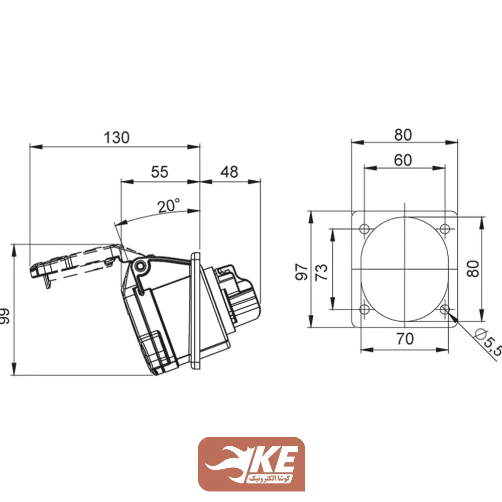 سوکت صنعتی 5 شاخه 32 آمپر مادگی تابلویی زاویهدار METE مدل 406521v