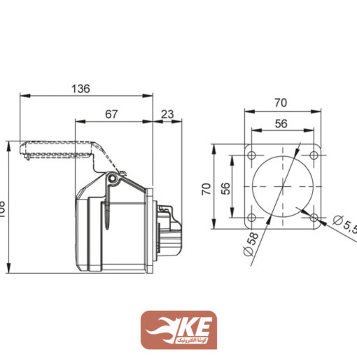 سوکت صنعتی 5 شاخه 32 آمپر مادگی تابلویی METE مدل 406522v