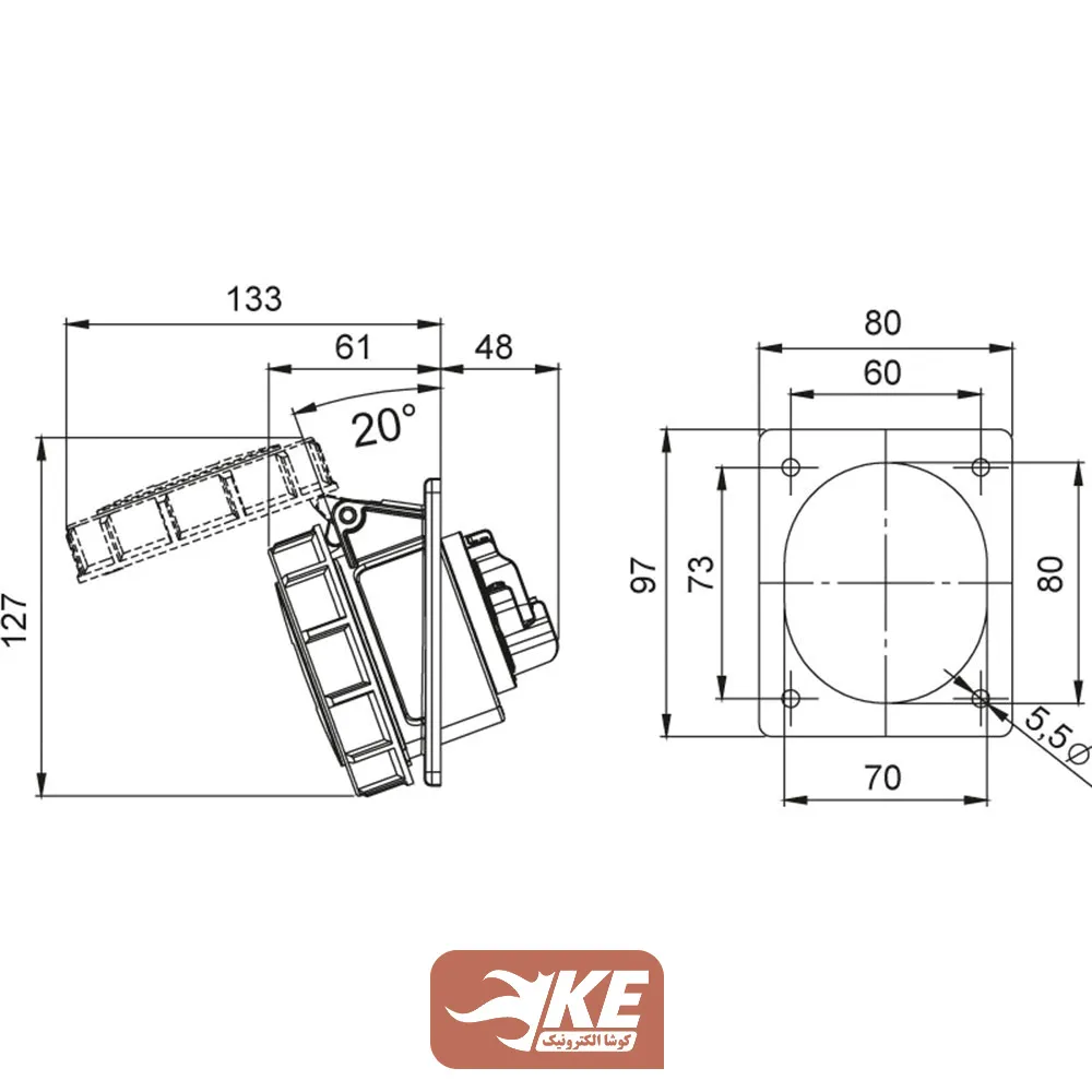 سوکت صنعتی 5 شاخه 32 آمپر مادگی تابلویی زاویه‌دار METE مدل 406523v