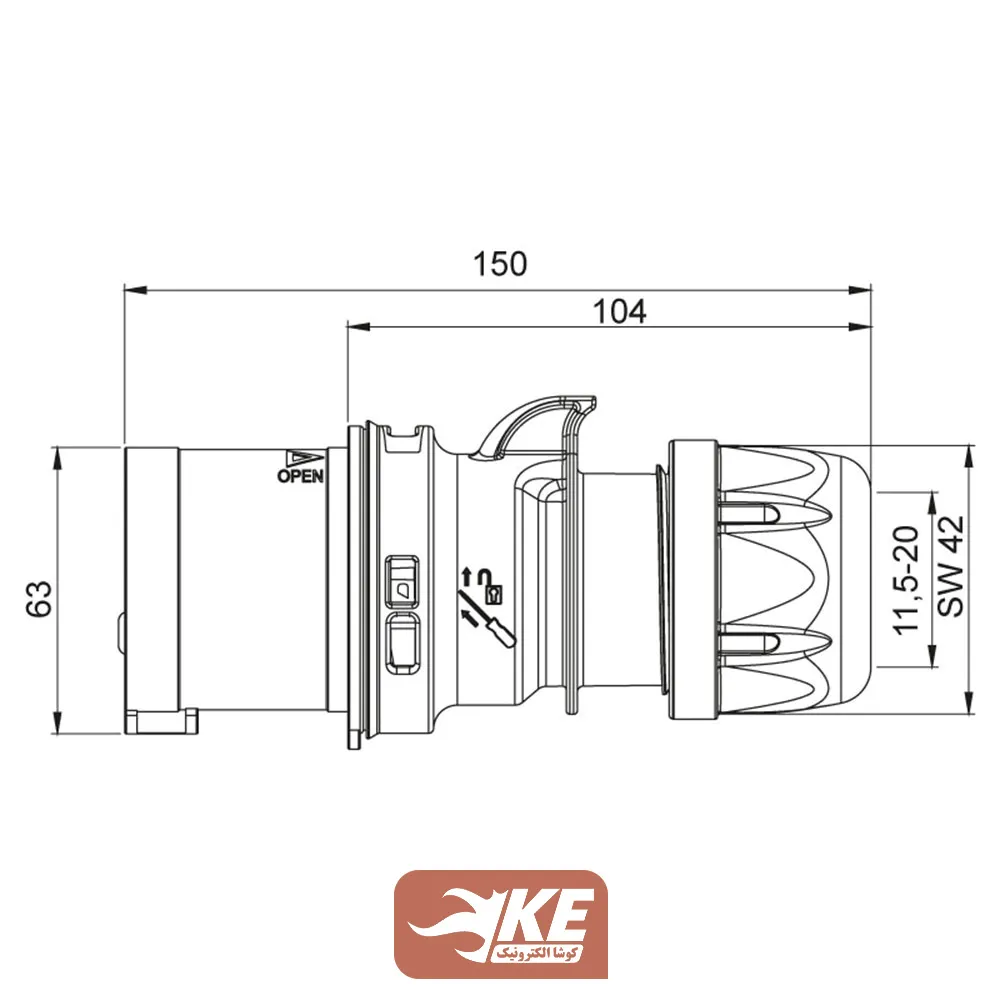 سوکت صنعتی 3 شاخه 32 آمپر نری IP44 برند METE مدل 406107v