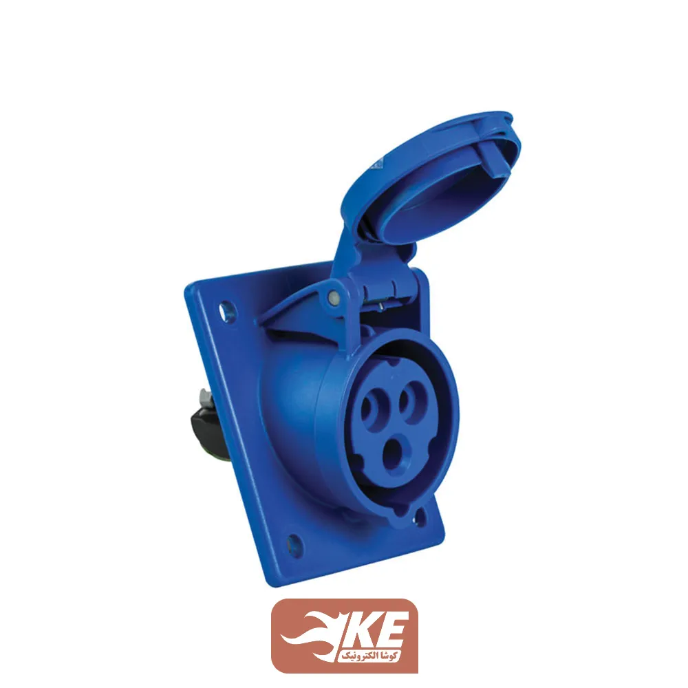 سوکت صنعتی 3 شاخه 16 آمپر مادگی تابلویی زاویه‌دار IP44 برند METE مدل 406501v