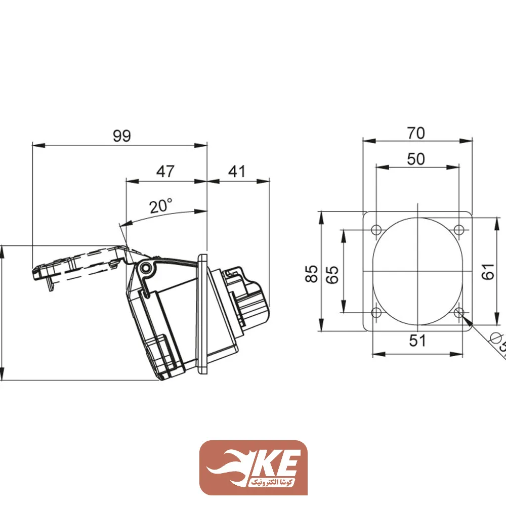 سوکت صنعتی 3 شاخه 16 آمپر مادگی تابلویی زاویه‌دار IP44 برند METE مدل 406501v