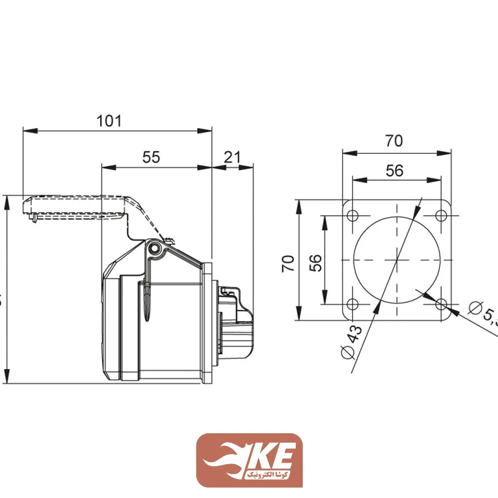سوکت صنعتی 3 شاخه 16 آمپر مادگی تابلویی IP44 برند METE مدل 406502v