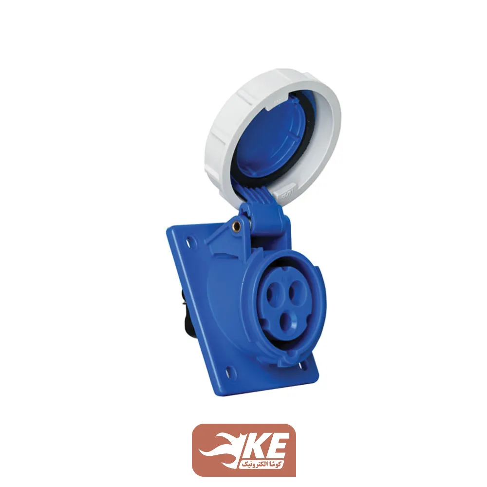 سوکت صنعتی 3 شاخه 16 آمپر مادگی تابلویی زاویه‌دار IP67 برند METE مدل 406503v