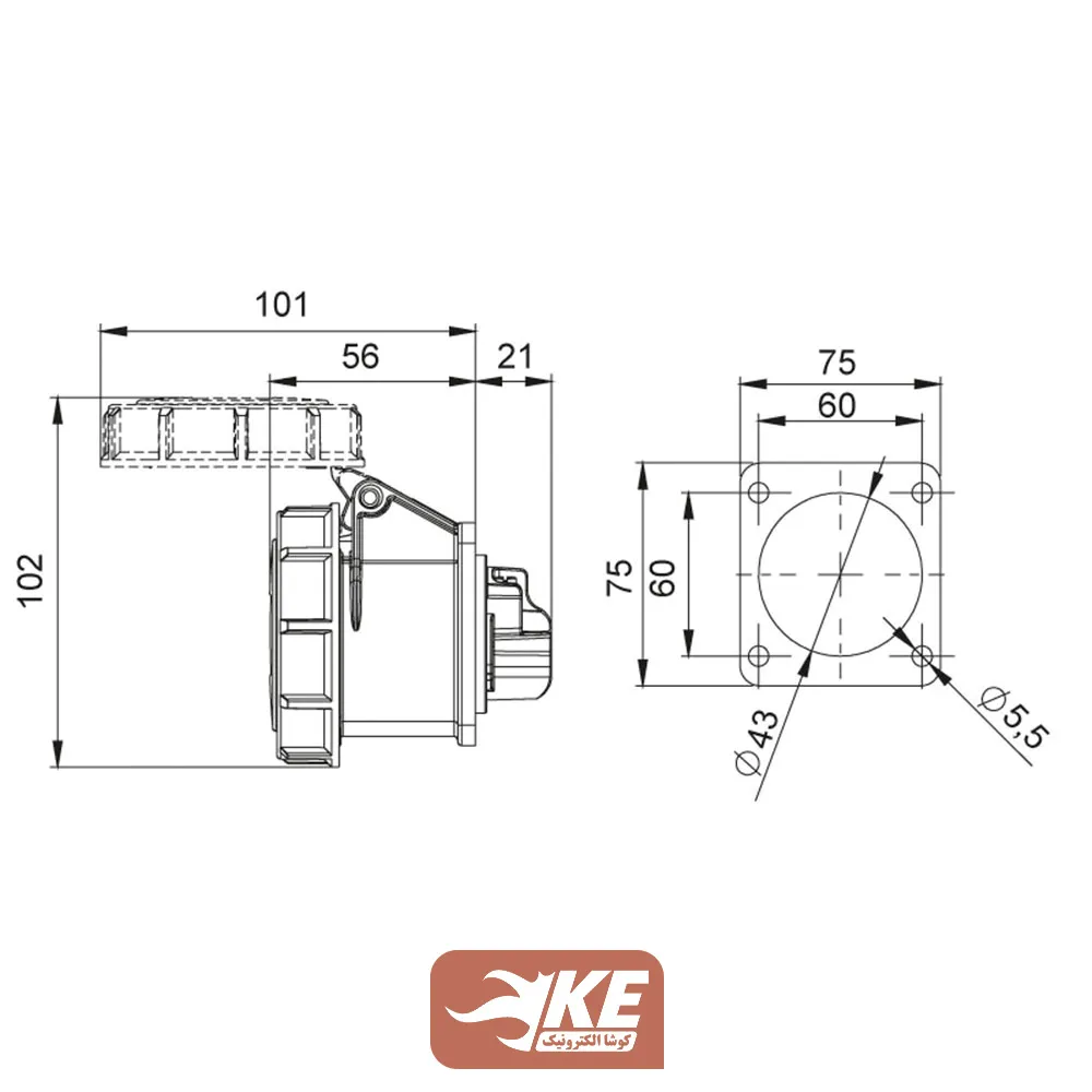 سوکت صنعتی 3 شاخه 16 آمپر مادگی تابلویی IP67 برند METE مدل 406504v