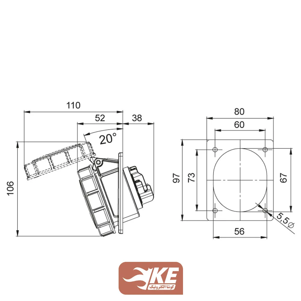 سوکت صنعتی 4 شاخه 16 آمپر مادگی تابلویی زاویه‌دار METE مدل 406507v