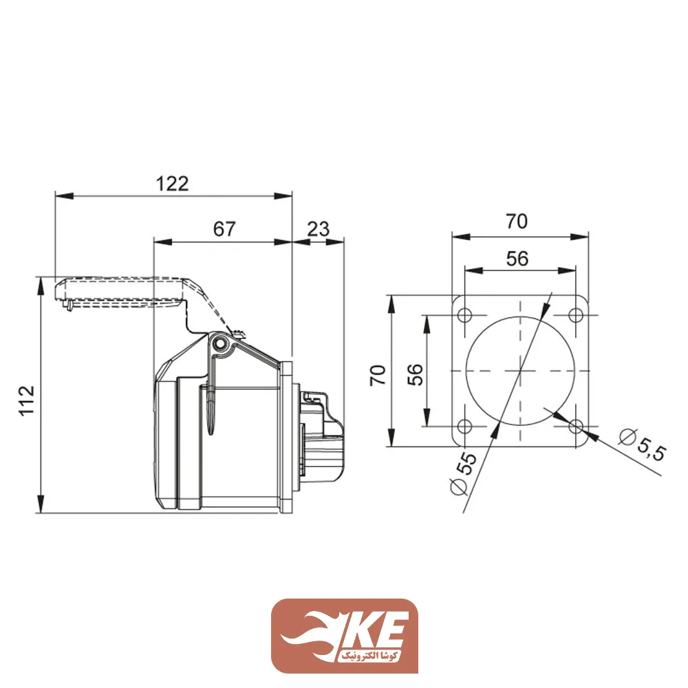 سوکت صنعتی 3 شاخه 32 آمپر مادگی تابلویی IP44 برند METE مدل 406514v