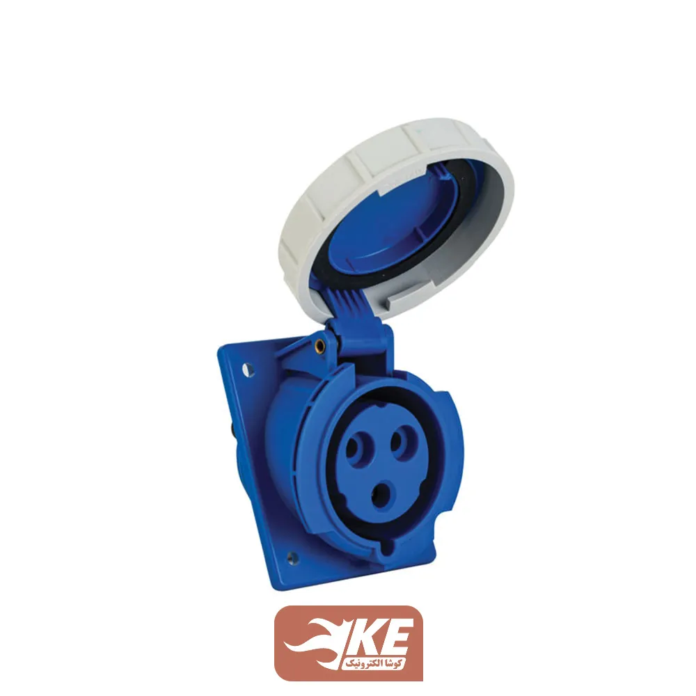 سوکت صنعتی 3 شاخه 32 آمپر مادگی تابلویی زاویه‌دار IP67 برند METE مدل 406515v