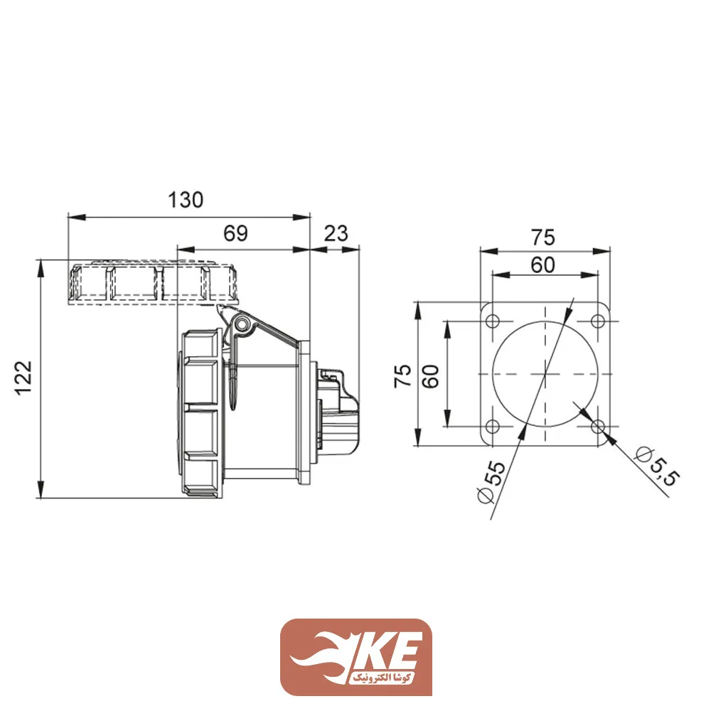 سوکت صنعتی 3 شاخه 32 آمپر مادگی تابلویی IP67 برند METE مدل 406516v