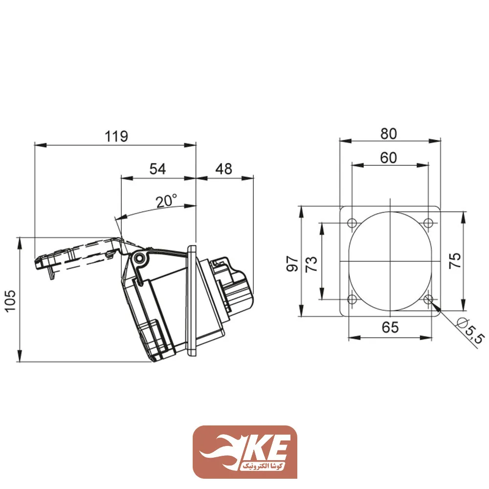 سوکت صنعتی 4 شاخه 32 آمپر مادگی تابلویی زاویه‌دار METE مدل 406517v