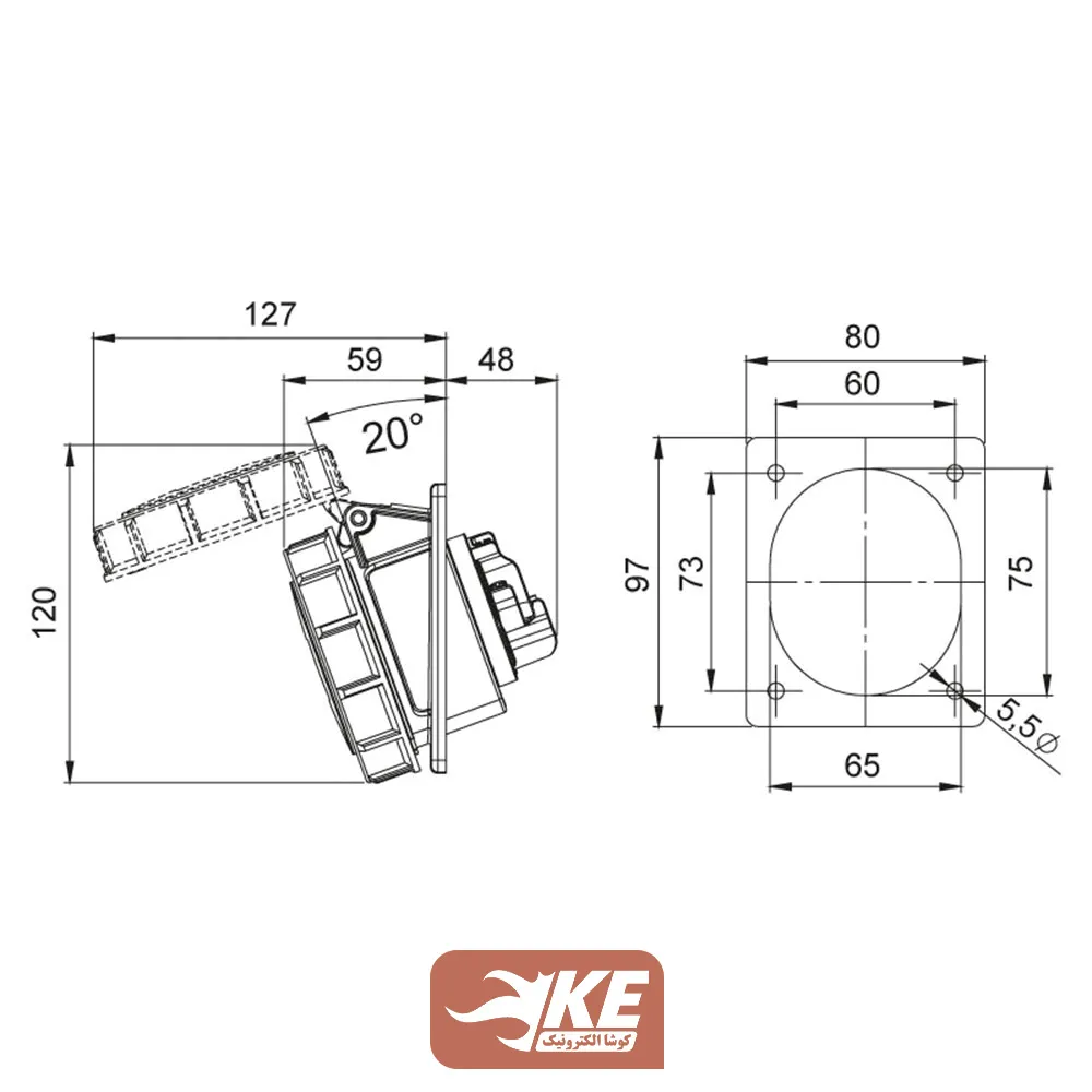 سوکت صنعتی 4 شاخه 32 آمپر مادگی تابلویی زاویه‌دار METE مدل 406519v