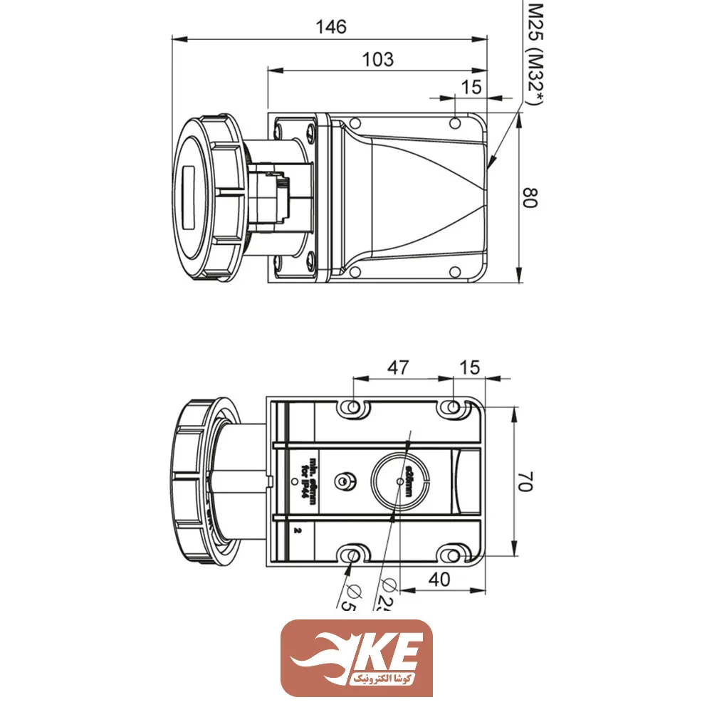 سوکت صنعتی 3 شاخه 16 آمپر مادگی دیواری IP67 برند METE مدل 406603v