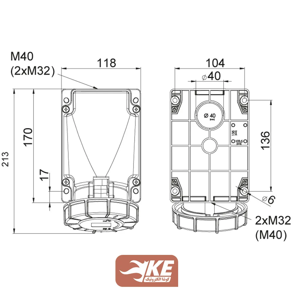 سوکت صنعتی 4 شاخه 63 آمپر مادگی دیواری METE مدل 406622