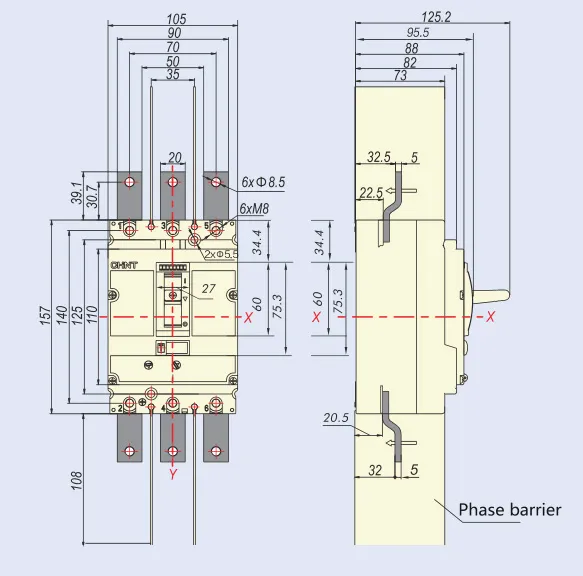 ابعاد کلید اتوماتیک قابل تنظیم چینت NM8N-250S/3P