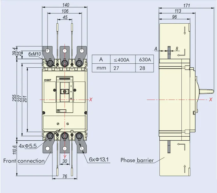 ابعاد کلید اتوماتیک قابل تنظیم چینت NM8N-400-630