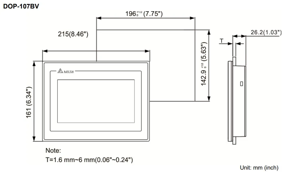 ابعاد HMI دلتا 7 اینچ مدل DOP107BV