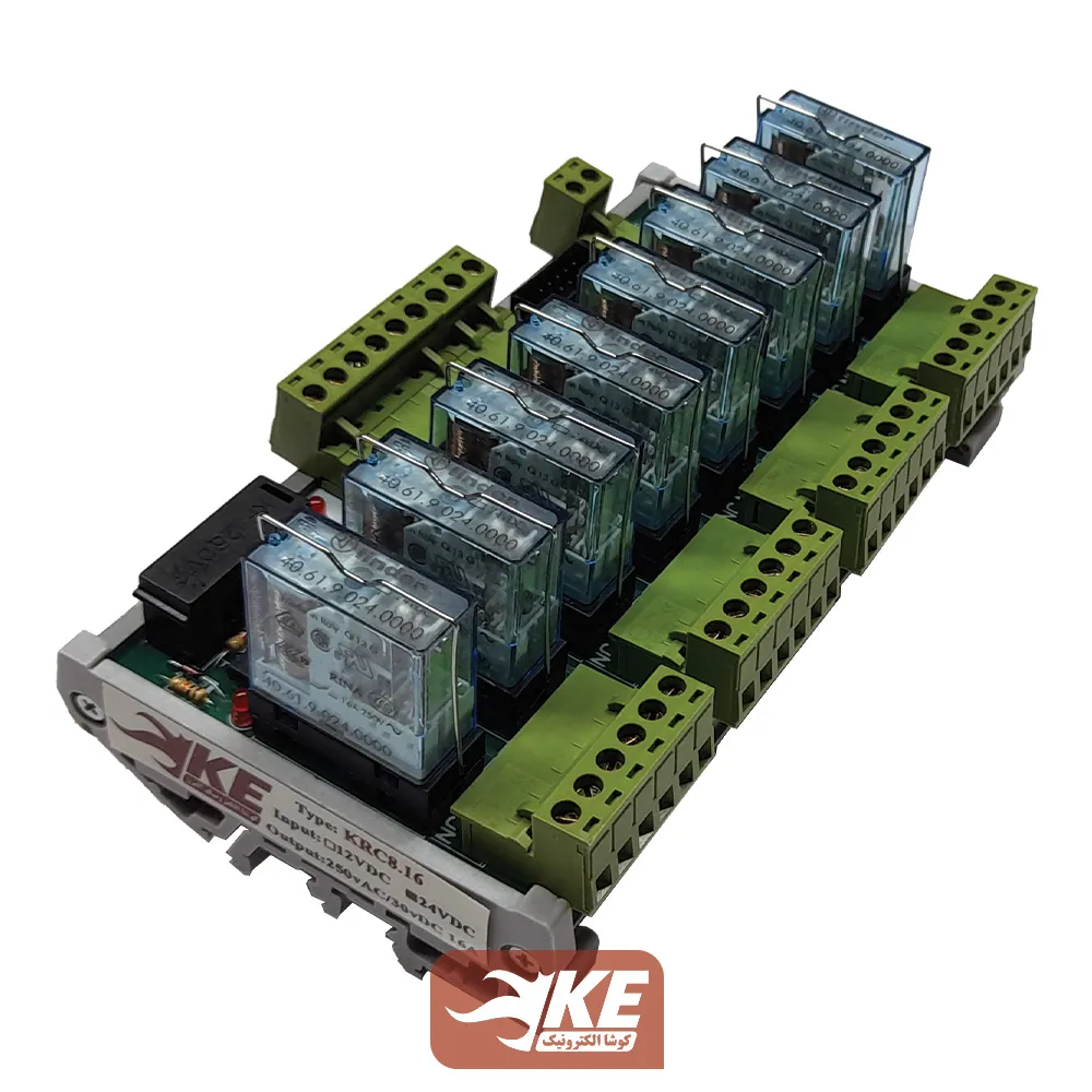 رله برد 16 آمپر 8 تایی 24 ولت کوشا الکترونیک سری KRC8.16 با رله فیندر