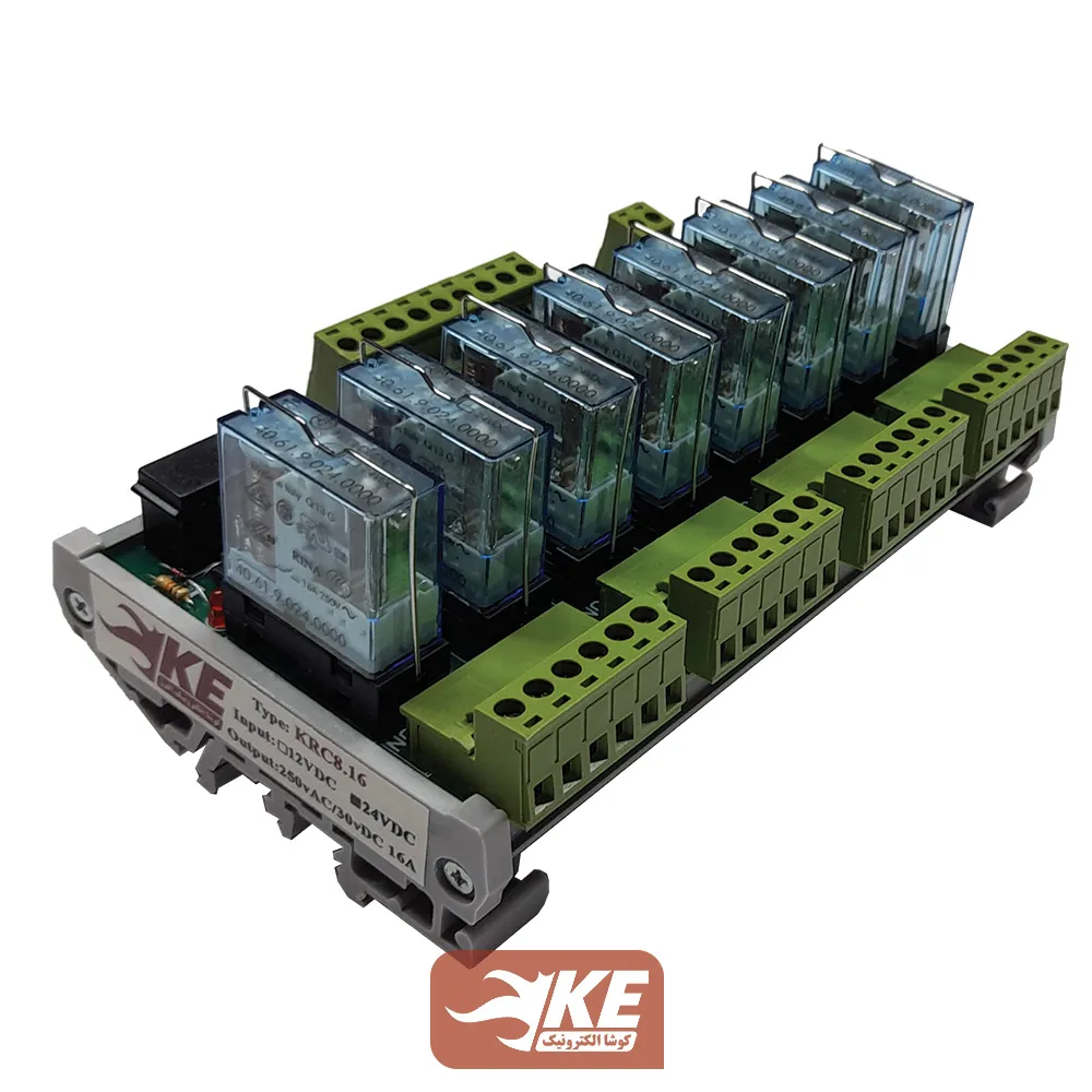 رله برد 16 آمپر 8 تایی 24 ولت کوشا الکترونیک سری KRC8.16 با رله فیندر