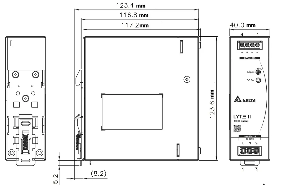 ابعاد منبع تغذیه ریلی 24 ولت 10 آمپر دلتا مدل DRL-24V240W1EN