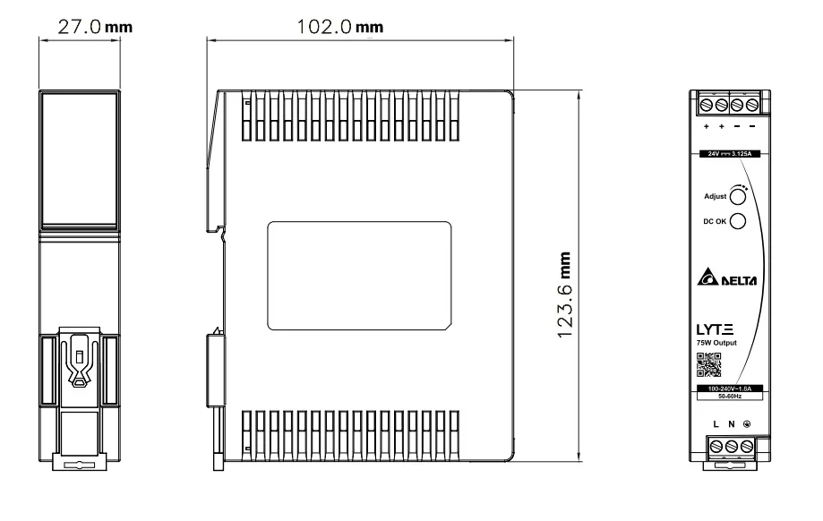 ابعاد منبع تغذیه ریلی 24 ولت 3 آمپر دلتا مدل DRL-24V75W1AZ