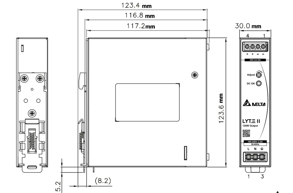 ابعاد منبع تغذیه ریلی 24 ولت 5 آمپر دلتا مدل DRL-24V120W1EN