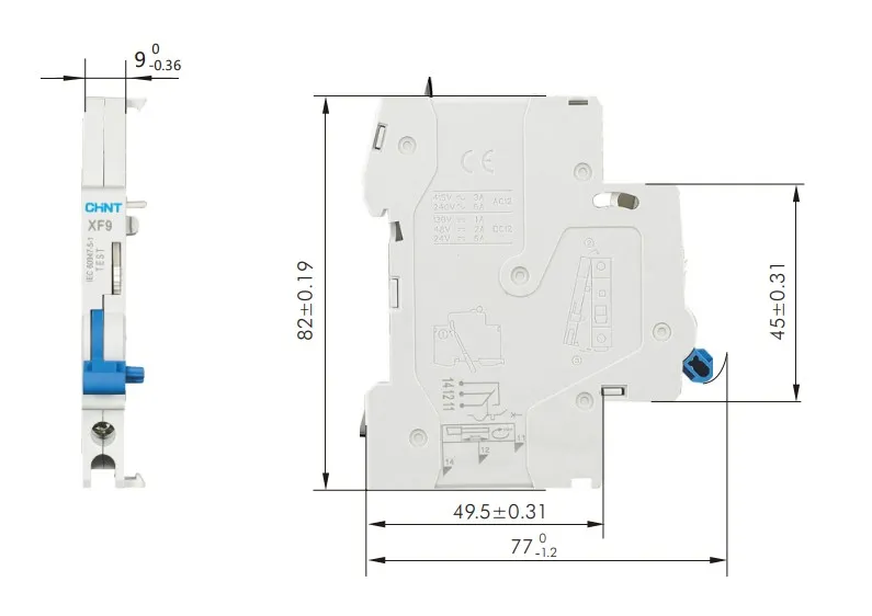 ابعاد کنتاکت کمکی مینیاتوری و محافظجان مخصوص سری NB1 و NBH8 و NB1L چینت مدل XF9