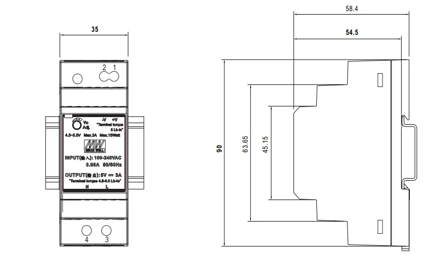 ابعاد منبع تغذیه ریلی 12 ولت 2.5 آمپر MeanWell مدل HDR-30-12