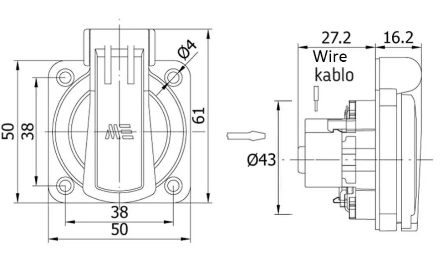 ابعاد پریز تابلویی دربدار تکفاز توکار Mete Enerji مدل 404016st06