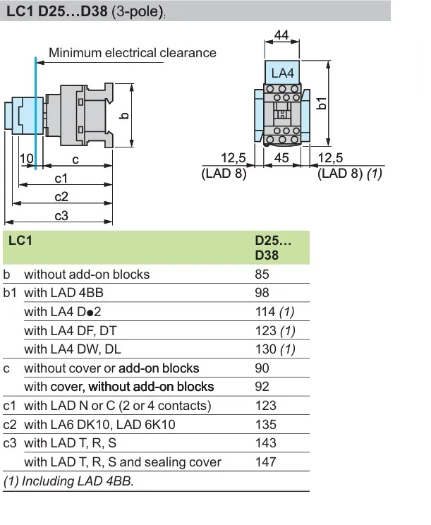 ابعاد کنتاکتور 25 تا 38 آمپر اشنایدر سری LC1D