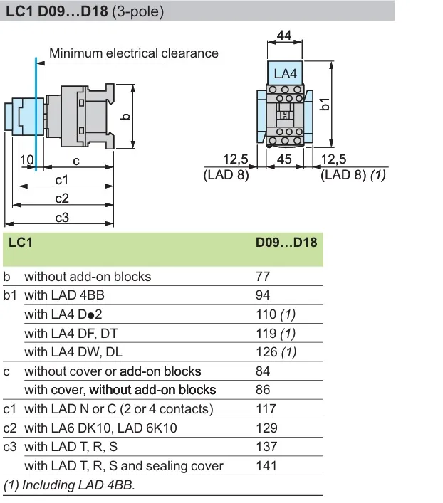 ابعاد کنتاکتور 9 تا 18 آمپر اشنایدر سری LC1D