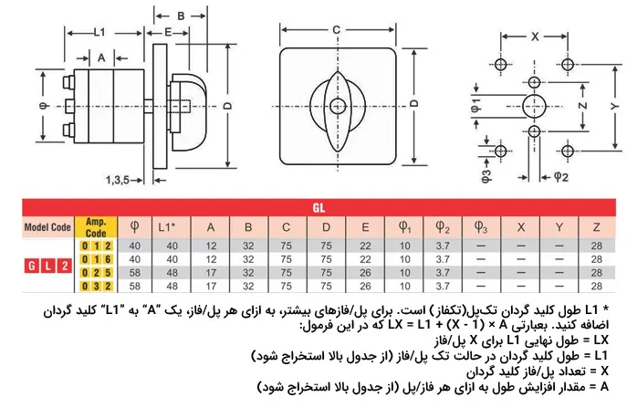 ابعاد کلید گردان TRS سری GL2
