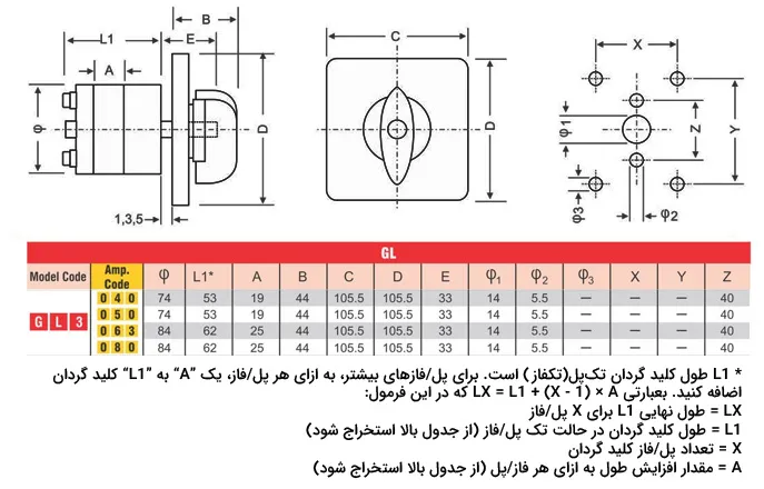 ابعاد کلید گردان TRS سری GL3