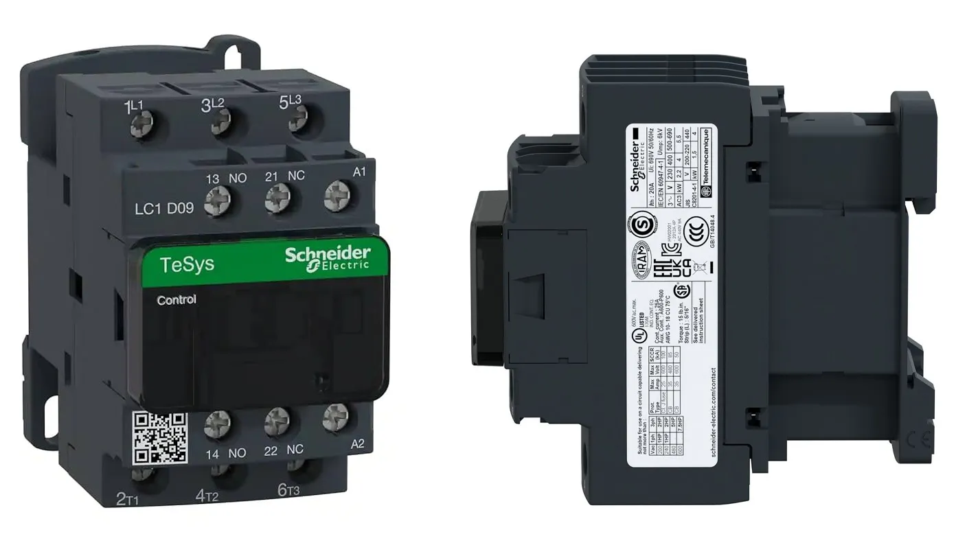 نمای نزدیک از کنتاکتور اشنایدر سری LC1D با نمایش برند و کد فنی روی بدنه