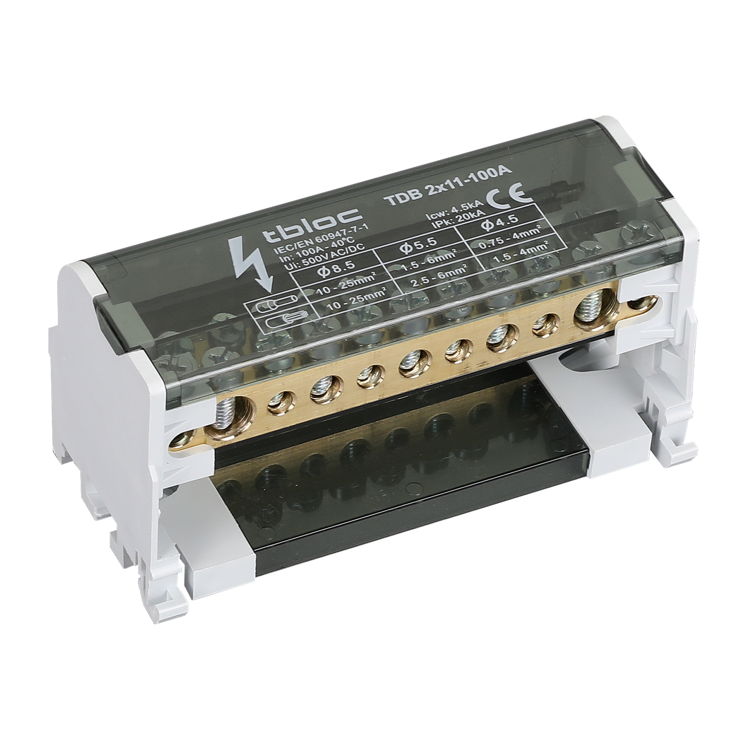 ترمینال توزیع دو هادی 100 آمپر 11 پیچ tbloc مدل TDB2x11-100A