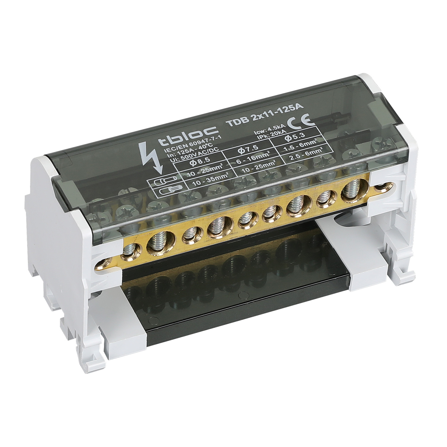 ترمینال توزیع دو هادی 125 آمپر 11 پیچ tbloc مدل TDB2x11-125A