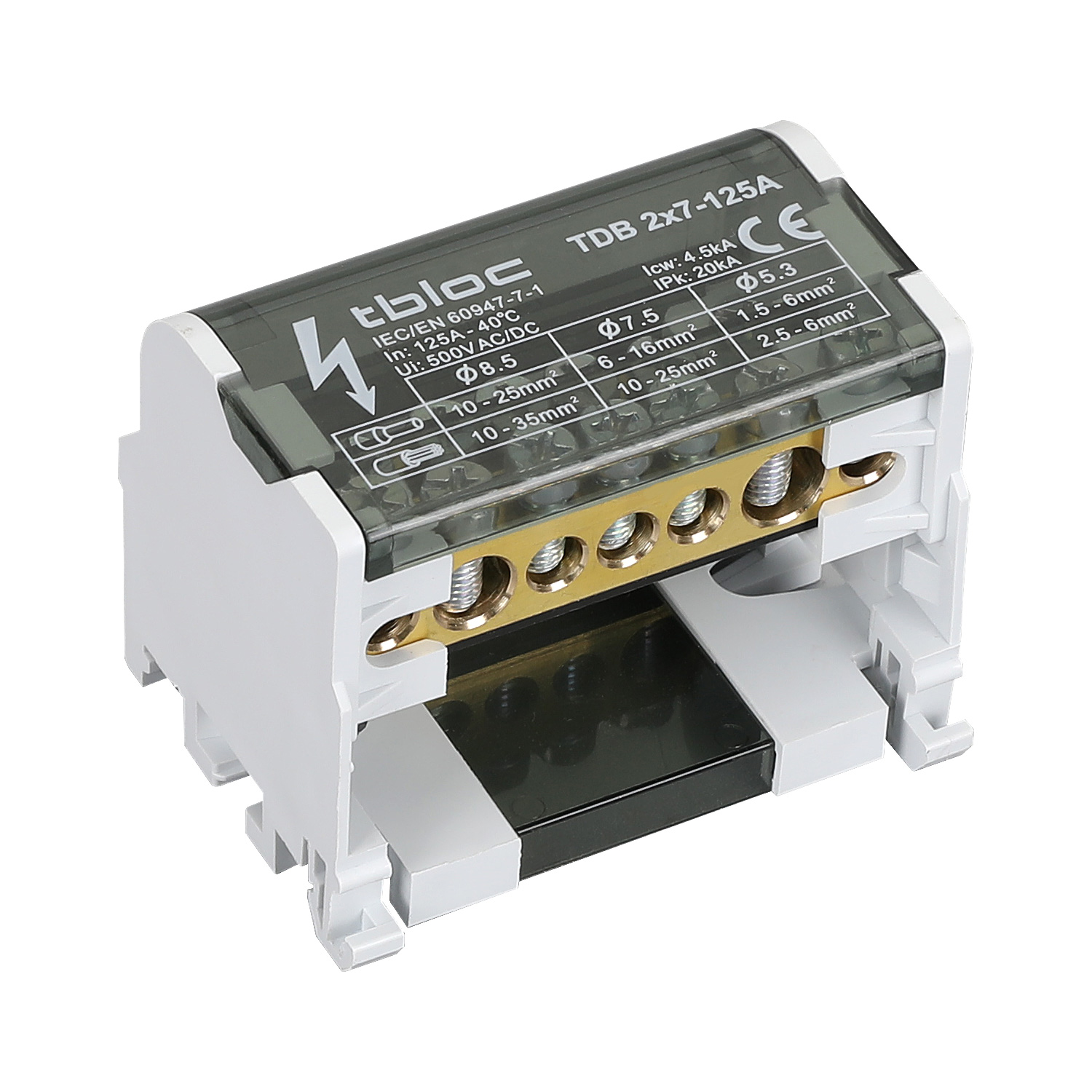 ترمینال توزیع دو هادی 125 آمپر 7 پیچ tbloc مدل TDB2x7-125A