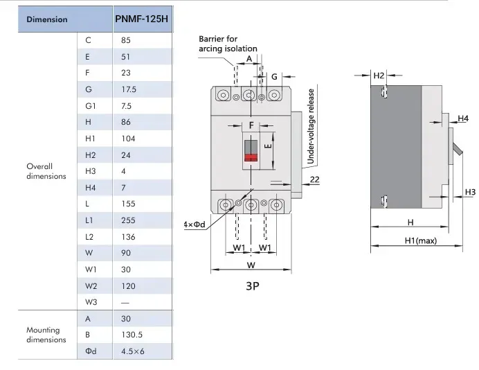 ابعاد کلید اتوماتیک فیکس PNS آمپر فریم
 125H 3P
 