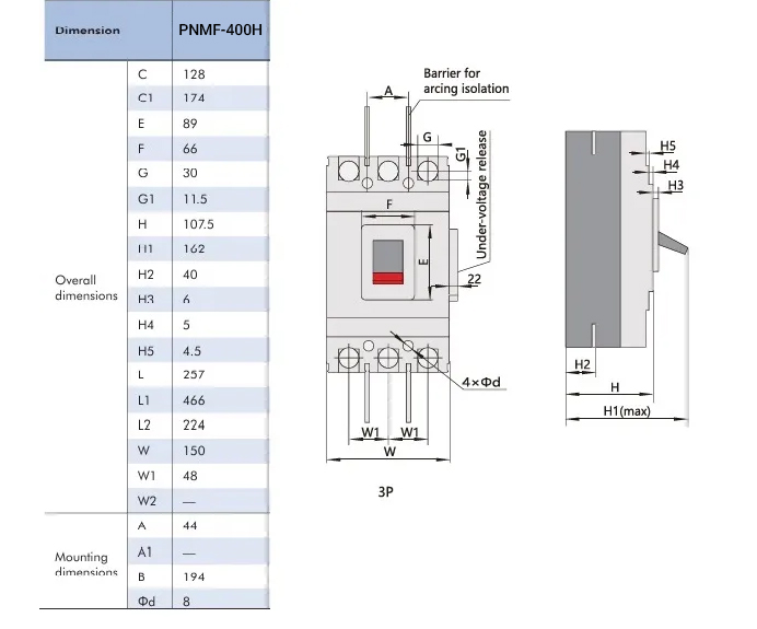 ابعاد کلید اتوماتیک فیکس PNS سری PNMF-400H/3P